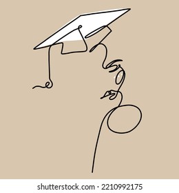 Beautiful girl wearing a graduation cap feels proud, satisfied, happy. one continous line art.