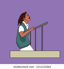 a beautiful girl wearing a green t-shirt screaming on the balcony