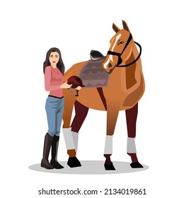 A beautiful girl wearing a horse riding outfit stands next to a horse.Wear jeans, black shoes and a helmet.Isolated vector illustration on a white background.female horse rider.