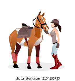 A beautiful girl wearing a horse riding outfit stands next to a horse.wearing jeans red shoes and a helmet.Isolated vector illustration on a white background.female horse rider.