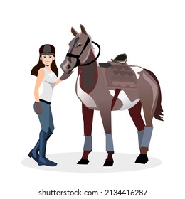A beautiful girl wearing a horse riding outfit stands next to a horse.Isolated vector illustration on a white background.