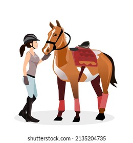 A beautiful girl wearing a horse riding outfit stands next to a horse.Long pants, black shoes and a helmet.Isolated vector illustration on a white background.