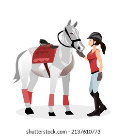 A beautiful girl wearing a horse riding outfit stands next to a horse.White trousers, black shoes and a helmet.Isolated vector illustration on a white background.female horse rider.