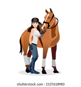 A beautiful girl wearing a horse riding outfit stands next to a horse.Isolated vector illustration on a white background.female horse rider.