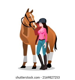 Una hermosa chica con un traje de caballo se para al lado de un caballo. Pantalones blancos, zapatos negros y un casco. Ilustración vectorial aislada en un fondo blanco.