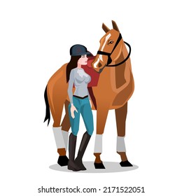 A beautiful girl wearing a horse riding outfit stands next to a horse.White trousers, black shoes and a helmet.Isolated vector illustration on a white background.female horse rider.