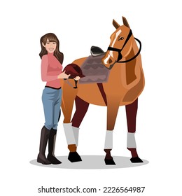 Una hermosa chica con un traje de caballo se para al lado de un caballo. Pantalones blancos, zapatos negros y un casco. Ilustración vectorial aislada en un fondo blanco.