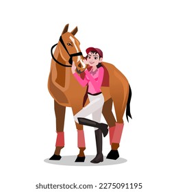 A beautiful girl wearing a horse riding outfit stands next to a horse.White trousers, black shoes and a helmet.Isolated vector illustration on a white background.female horse rider.