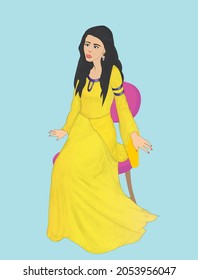 beautiful girl wearing long yellow gown sitting on a chair