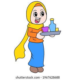 beautiful girl wearing a Muslim hijab brings food to break the fast, vector illustration art. doodle icon image kawaii.