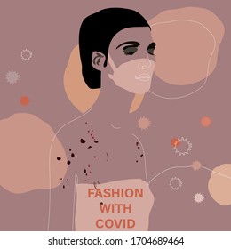 Beautiful girl wearing a protective surgical mask. Square vector illustration in beige, cream and pink colors. The inscription "fashion with covid".