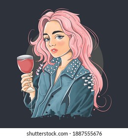 beautiful girl wearing a punk rocker jacket holding red wine. watercolor painting vector artwork