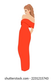 Beautiful girl wearing red evening dress, formal gown for celebration, wedding, Christmas Eve or New Year party. Pretty female character flat vector realistic illustration isolated on white background