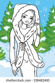 Beautiful girl wearing Santa Claus clothes on forest background for coloring book for children.