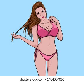 Beautiful girl wearing a sexy bikini poses Body glamour Bra and Pantie design  Illustration vector On pop art comic style Blue shadow background