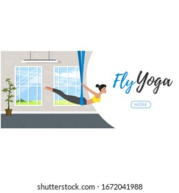 Beautiful girl wearing sportwear doing fly yoga stretching exercises. Anti-gravity relaxing and practices aerial yoga in gym. Sport healthy lifestyle and fitness training vector illustration.