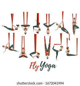 Beautiful girl wearing sportwear doing fly yoga stretching exercises. Anti-gravity relaxing and practices aerial yoga. Sport healthy lifestyle and fitness training vector illustration.