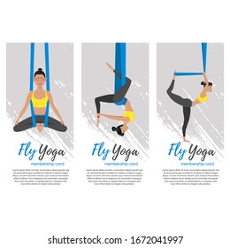 Beautiful girl wearing sportwear doing fly yoga stretching exercises. Anti-gravity relaxing and practices aerial yoga flyers set. Sport healthy lifestyle and fitness training vector illustration.