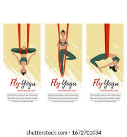 Beautiful girl wearing sportwear doing fly yoga stretching exercises. Anti-gravity relaxing and practices aerial yoga flyers set. Sport healthy lifestyle and fitness training vector illustration.