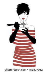 Beautiful girl wearing striped clothes and black gloves eating spaghetti or noodles with chopsticks. Outlines vector illustration on white background