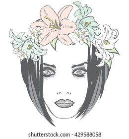 Beautiful girl wearing a wreath of roses. Vector illustration for greeting cards, posters or clothing.