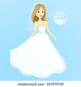 Beautiful girl in a wedding dress. Vector cartoon bride. Wedding illustration.