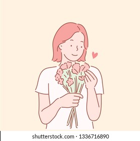 Beautiful girl in the white dress with red flowers in hands on a light background. Hand drawn style vector design illustrations.