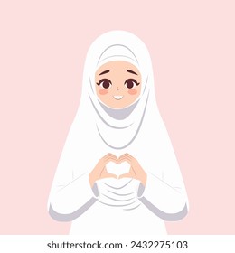 Hermosa chica en hijab blanco. Las mujeres con ropa religiosa islámica formaron el corazón con ambas expresiones de las manos. Diseño plano, cartel para el día mundial del hijab.