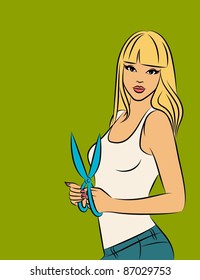 Beautiful girl with white scissors. Vector