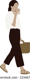 A beautiful girl in a white shirt walks with a bag and drinks coffee