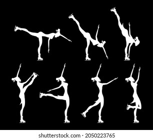 Beautiful girl white silhouette on black background with ice figure skate shoes isolated icon set collection. Alpha channel. Vector illustration.