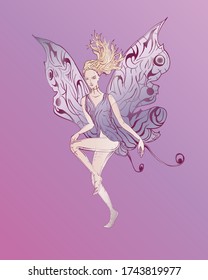 Beautiful girl with wings, butterfly in fantasy style, on a pink background