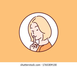 Beautiful girl winking and making silence or secret hand gesture with finger on lips. Hand drawn style vector design illustrations.