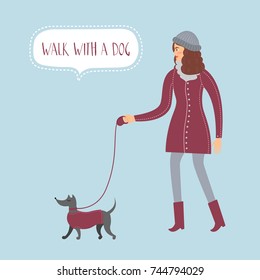 Beautiful girl in winter clothes walking with her dog. Vector illustration is suitable for decorating cards, invitations and also for your web site or blog
