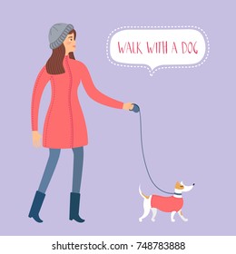 Beautiful girl in winter clothes walking with her dog. Vector illustration is suitable for decorating cards, invitations and also for your web site or blog