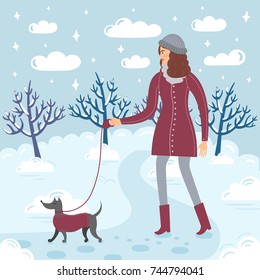 A beautiful girl in winter clothes walks with her dog on a snow-covered winter park. Vector illustration is suitable for decorating cards, invitations and also for your web site or blog