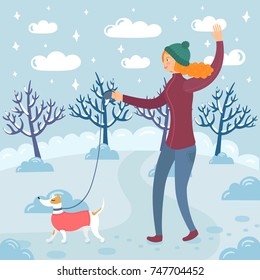 A beautiful girl in winter clothes walks with her dog on a snow-covered winter park. Vector illustration is suitable for decorating cards, invitations and also for your web site or blog