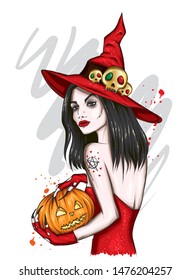 Beautiful girl in a witch costume. Woman with a pumpkin. Halloween Fashion and style, clothes and accessories, hipsters.