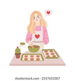 Beautiful girl, woman with blonde hair wearing an apron makes cookies. Vector flat illustration isolated on transparent background for valentine's day.