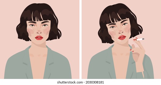 Beautiful girl woman with a cigarette.flat illustration. Avatar for a social network. 