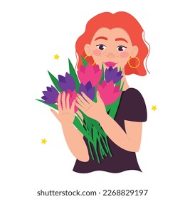 Beautiful girl (woman) holds a bouquet of flowers in her hands. Red hair. Bob hairstyle.