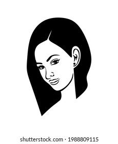 Beautiful girl woman vector portrait profile head face black silhouette,bob hair haircut hairstyle.Fashion logo lady stencil drawing illustration.Laser plotter cutting.Beauty vinyl wall sticker decal.