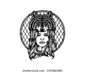 Beautiful Girl or Women Tribal Wearing Bear Heat with Circle Ornament Illustration Hand-drawn Symbol Logo Design Vector