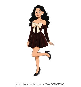 A beautiful girl wore Red velvet short dress illustration, cartoon illustration, red velvet dress illustration, digital art