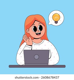 Beautiful girl working gets idea cartoon
