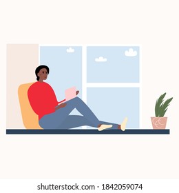 
A beautiful girl is working on a laptop in quarantine. Distance learning. Vector flat background of online education. A hipster woman in stylish clothes sits communicating online