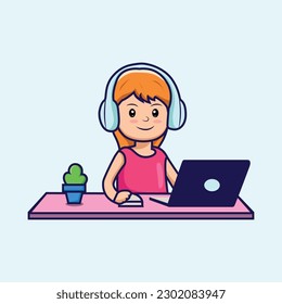 Beautiful girl working on laptop vector illustration. Work from home cartoon character. people isolated. A happy girl seating on her working desk. Cute girl cartoon clip art.