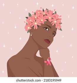 Beautiful girl in a wreath of flowers with a pink ribbon on her hand. Support for World Breast Cancer Awareness Month in October. Vector illustration.
