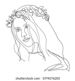 Beautiful girl with wreath on her head. Beauty line art illustration. 