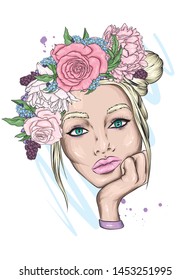 Beautiful girl in a wreath of peonies and roses. Flower wreath. Vector illustration for postcard or poster, print for clothes or accessories. Fashion & Style. Summer, spring, flowers. Bouquet.